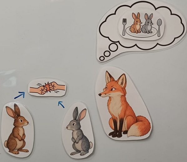 Pendant que les lapins se battent, un renard les observe et pense qu'il pourrait bien les manger...